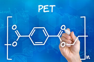 Hand with pen drawing the chemical formula of PET clipart