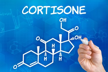 Hand with pen drawing the chemical formula of cortisone clipart