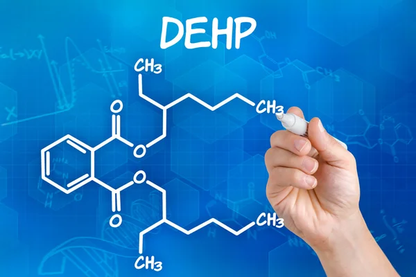 Hand with pen drawing the chemical formula of DEHP — Stock Photo, Image