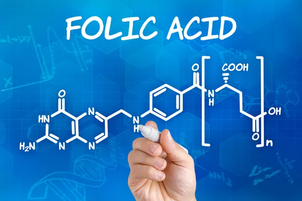 Hand with pen drawing the chemical formula of folic acid — Stock Photo, Image