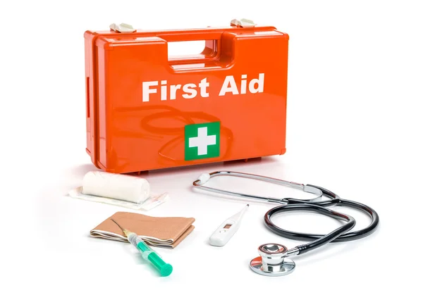 First aid kit with medical products and equipment — Stock Photo, Image