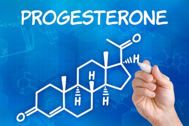 Hand with pen drawing the chemical formula of progesterone clipart