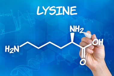 Hand with pen drawing the chemical formula of lysine clipart
