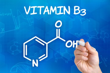 Hand with pen drawing the chemical formula of Vitamin B3 clipart