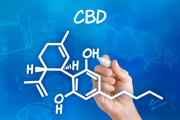 Рука с ручкой рисует химическую формулу CBD — стоковое фото