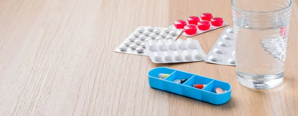 Different Medicine Pills Glass Water Copy Space — Fotografia de Stock