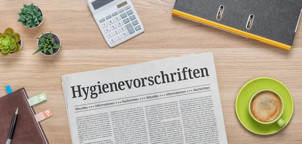 Newspaper Desk Headline Hygiene Regulations German Hygienevorschriften — Foto de Stock