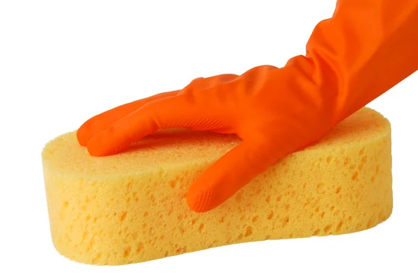 Gloved hand with a yellow sponge — Stock Photo, Image