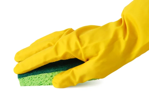 Gloved hand with a green sponge — Stock Photo, Image