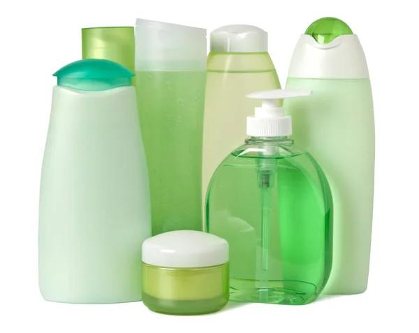 Cosméticos en recipientes verdes — Foto de Stock