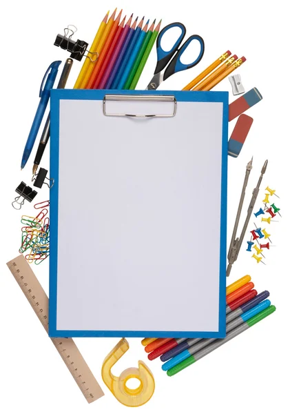 Notepad with stationary objects in the background — Stock Photo, Image