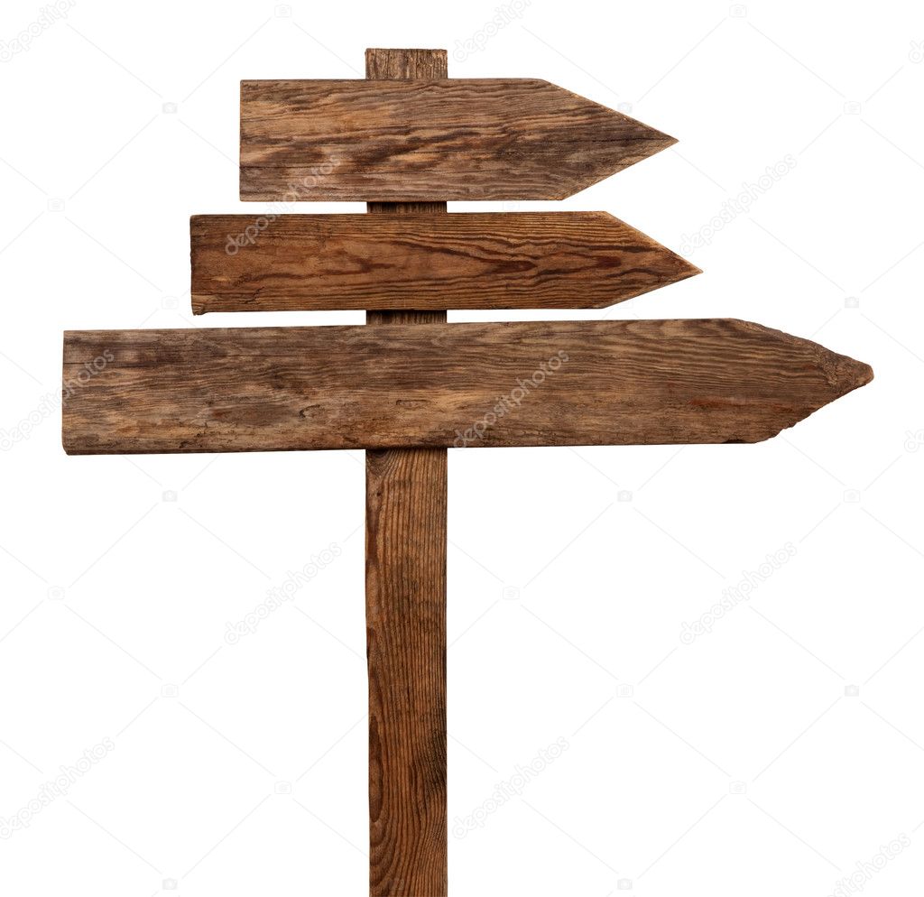 Wooden arrows road sign isolated on white