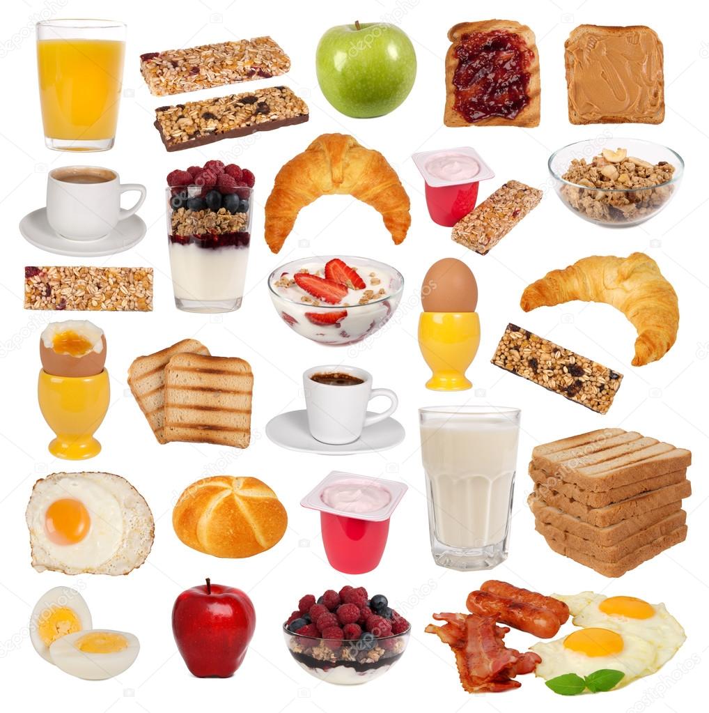 Collection of various types of breakfast isolated on white background