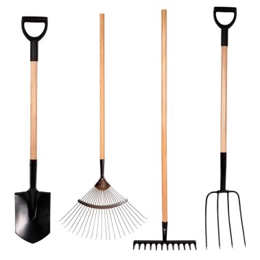 Gardening tools, spade, fork and rake isolated on white background clipart