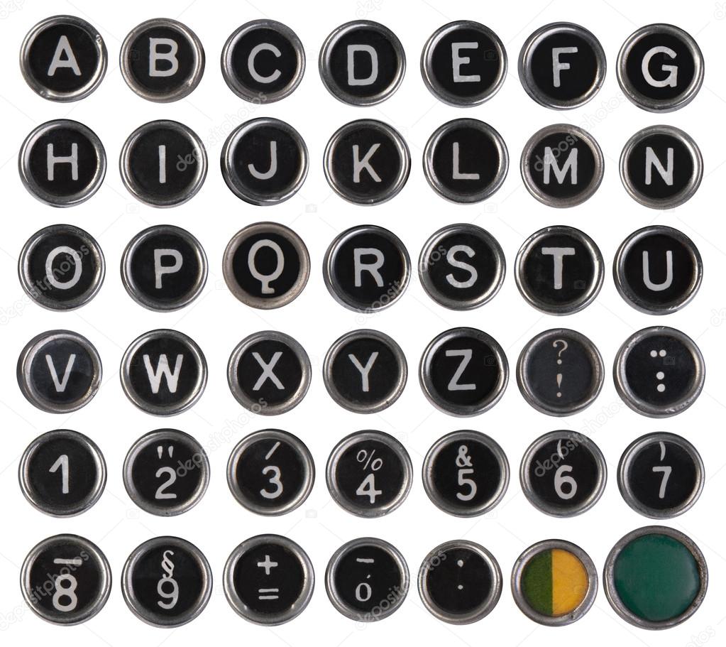 Old typewriter keys, alphabet and numbers, isolated on white