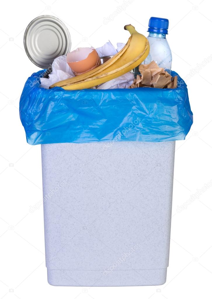 Bin full of rubbish isolated on white background