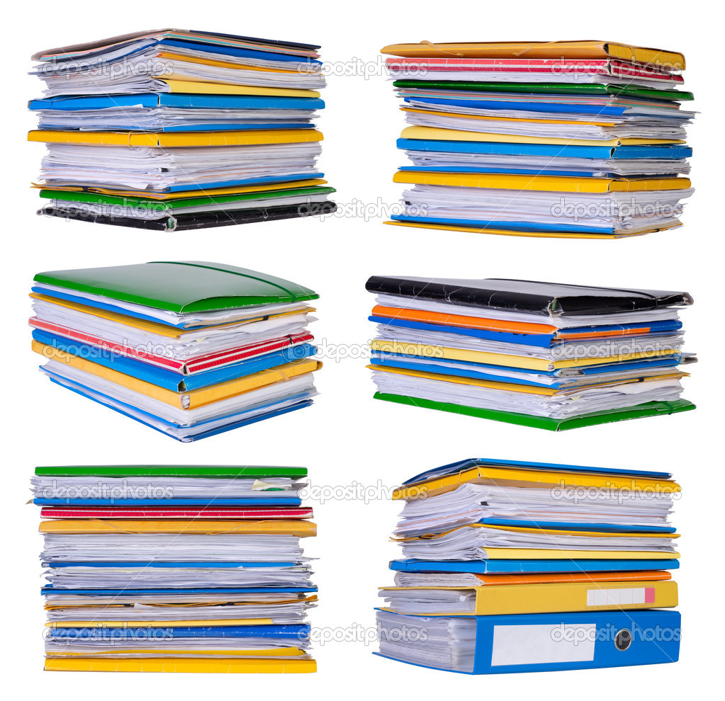 Stacks of papers and documents isolated on white paper