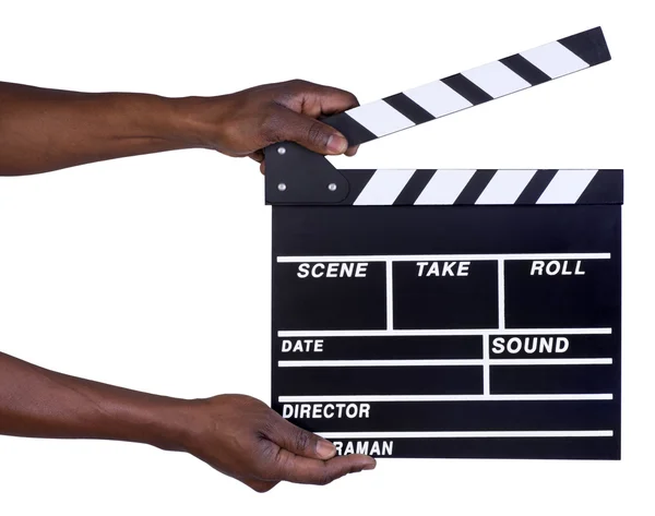 Homem segurando filme produção clapper board — Fotografia de Stock