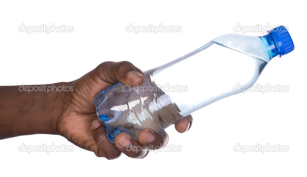 Man holding a bottle of water isolated on white background