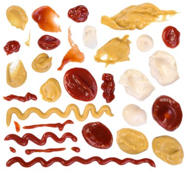 Ketchup, mustard and mayonnaise splashes isolated on white