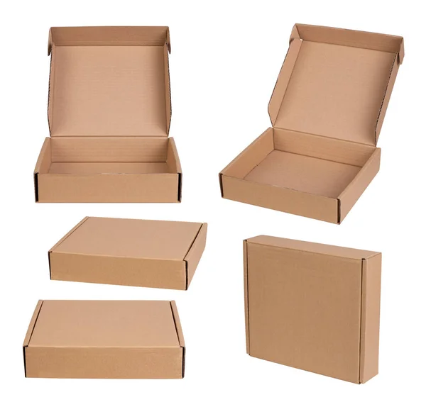 Boîtes Carton Marron Isolées Sur Fond Blanc Emballage Recyclable Respectueux — Photo