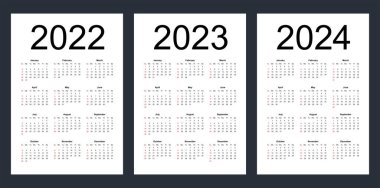 2022, 2023 ve 2024 yılları için basit düzenlenebilir vektör takvimleri. Hafta pazar günü başlıyor. Dikey. Beyaz arkaplanda izole vektör illüstrasyonu.