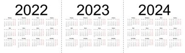 2022, 2023 ve 2024 yıllarının takvim şebekesi. Rusça 'da basit bir yatay şablon. Hafta pazartesiden itibaren başlıyor. Beyaz arkaplanda izole vektör illüstrasyonu.