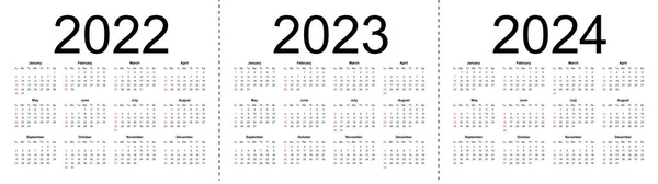 Простые Редактируемые Векторные Календари 2022 2023 2024 Год Неделя Начинается — стоковый вектор