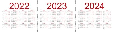 2022, 2023 ve 2024 yıllarının takvim şebekesi. Rusça 'da basit bir yatay şablon. Hafta pazartesiden itibaren başlıyor. Beyaz arkaplanda izole vektör illüstrasyonu.