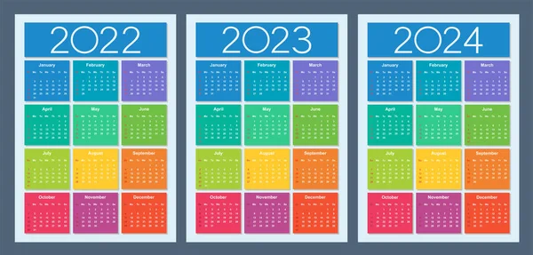 Calendario Colorido Para 2022 2023 2024 Años Semana Comienza Domingo — Vector de stock