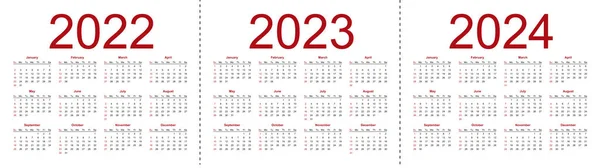 Enkla Redigerbara Vektorkalendrar För 2022 2023 2024 Veckan Börjar Söndag — Stock vektor