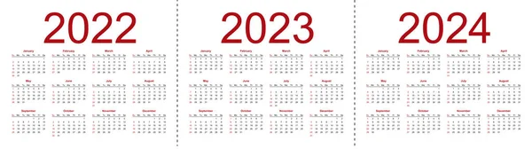 Простые Редактируемые Векторные Календари 2022 2023 2024 Год Неделя Начинается Стоковая Иллюстрация