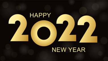 2022 Mutlu Yıllar. Bokeh efektli siyah arkaplan üzerine ışıltılı metin tasarımı. Vektör illüstrasyonu.