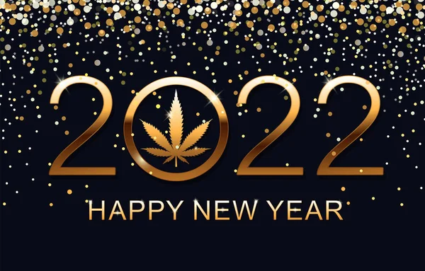 Gelukkig Nieuwjaar 2022 Nieuwjaar Glanzende Achtergrond Met Marihuana Blad Vectorillustratie Stockillustratie