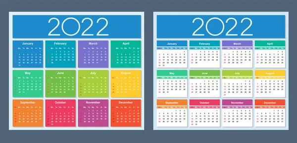 Calendar 2022 Colorful Set Week Starts Sunday Vector Template Collection — Stock Vector