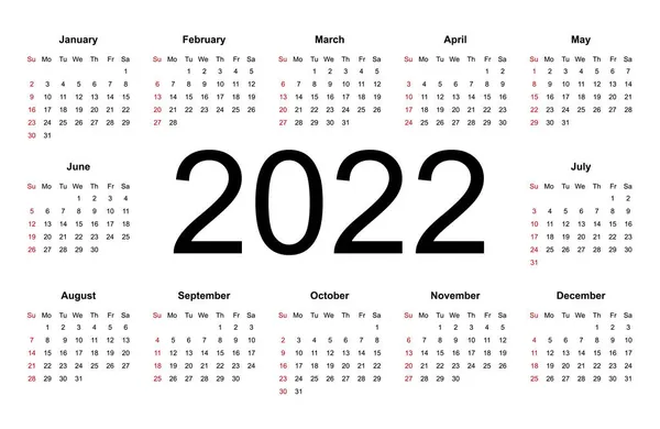 Plantilla Calendario Para 2022 Año Semana Comienza Domingo Ilustración Vectorial — Vector de stock