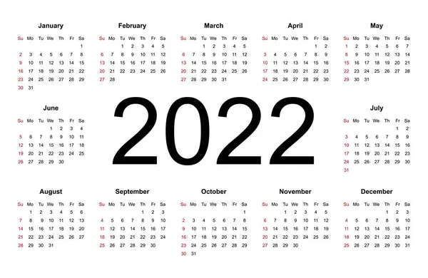 Шаблон Календаря 2022 Год Неделя Начинается Воскресенье Изолированная Векторная Иллюстрация Векторная Графика