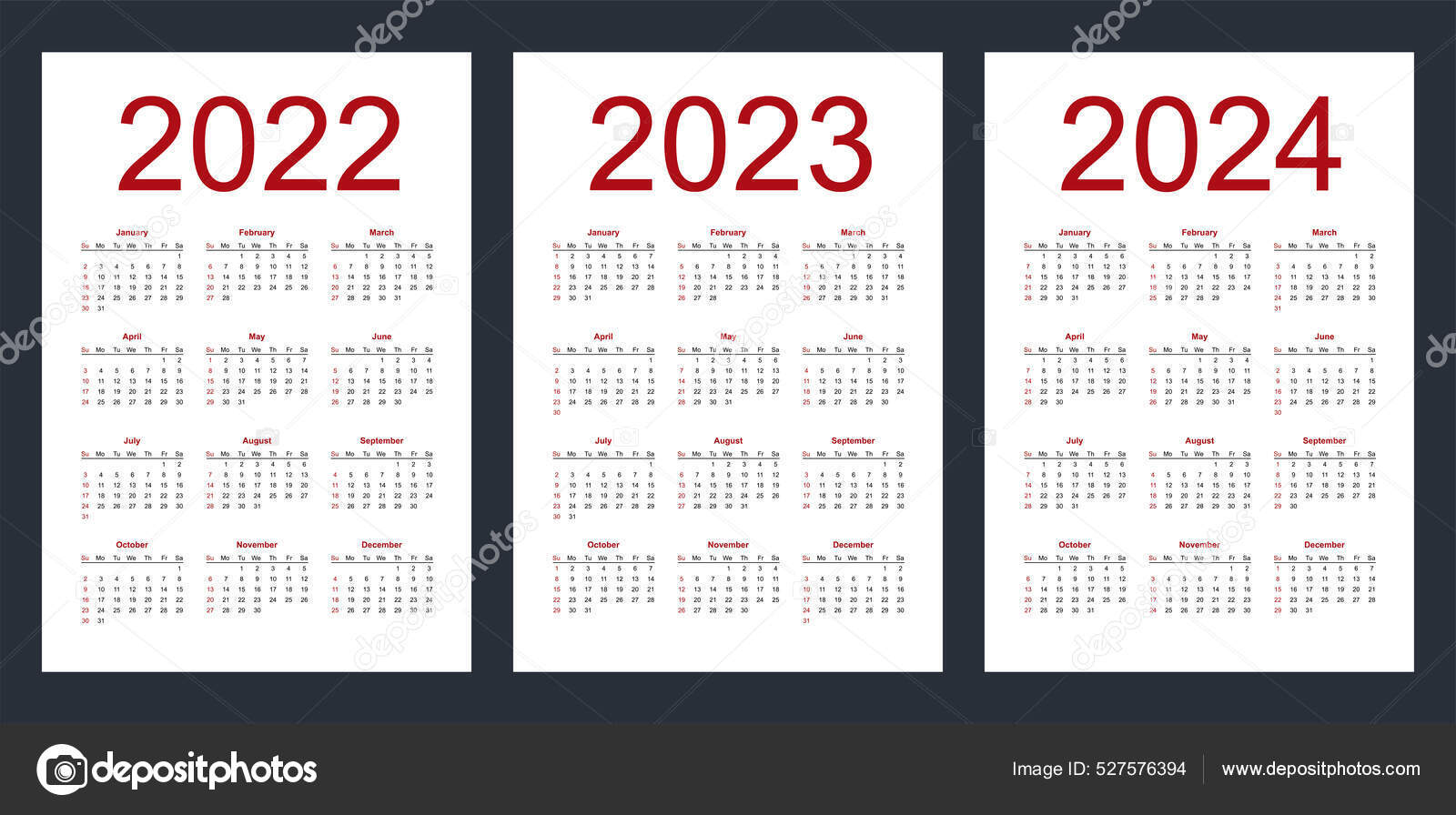 Simple Editable Vector Calendars Year 2022 2023 2024 Week Starts Stock