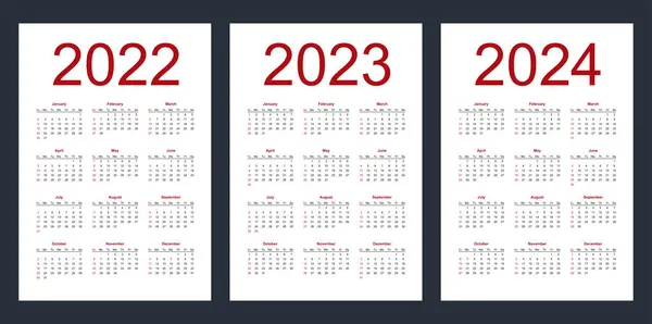 Прості Редаговані Векторні Календарі 2022 Рік 2023 2024 Рік Тиждень — стоковий вектор