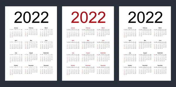Calendario Vettoriale Modificabile Semplice Anno 2022 Settimana Inizia Domenica Verticale Illustrazione Stock