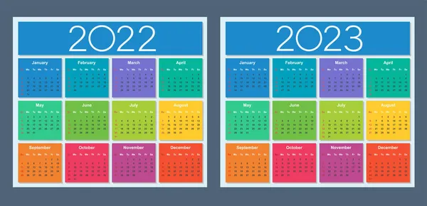 Calendario Colorido Para 2022 2023 Años Semana Comienza Domingo Ilustración — Vector de stock