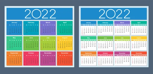 2022年カレンダー カラフルなセット 週は日曜日に始まります ベクターテンプレートコレクション 基本グリッドだ 絶縁図 — ストックベクタ