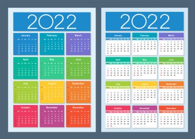 2022 yılı için renkli takvim. Hafta pazar günü başlıyor. Dikey. İzole vektör illüstrasyonu.