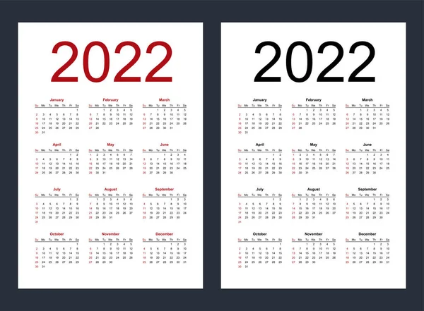 Simple Editable Vector Calendar Year 2022 Week Starts Sunday Vertical — 图库矢量图片