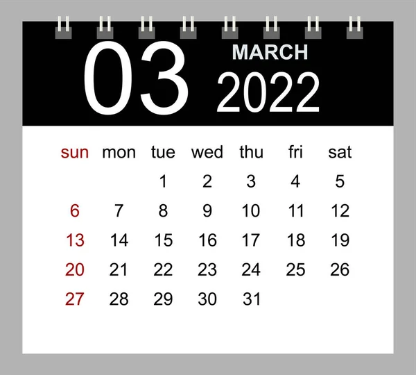 March 2022 Vector Monthly Calendar Template 2022 Year Simple Style — Stockvektor
