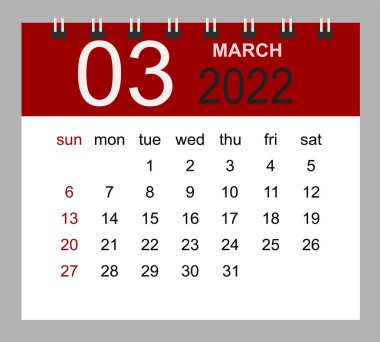 Mart 2022. Şablon tasarımı için 2022 yıllık vektör takvimi şablonu. Hafta Pazar 'dan itibaren başlıyor.