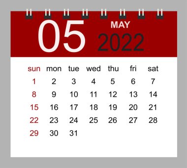 Mayıs 2022. Şablon tasarımı için 2022 yıllık vektör takvimi şablonu. Hafta Pazar 'dan itibaren başlıyor.