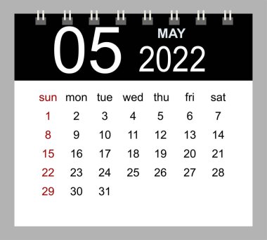Mayıs 2022. Şablon tasarımı için 2022 yıllık vektör takvimi şablonu. Hafta Pazar 'dan itibaren başlıyor.