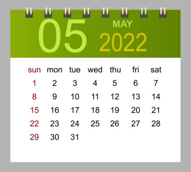 Mayıs 2022. Şablon tasarımı için 2022 yıllık vektör takvimi şablonu. Hafta Pazar 'dan itibaren başlıyor.