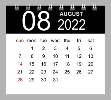 Ağustos 2022. Şablon tasarımı için 2022 yıllık vektör takvimi şablonu. Hafta Pazar 'dan itibaren başlıyor.